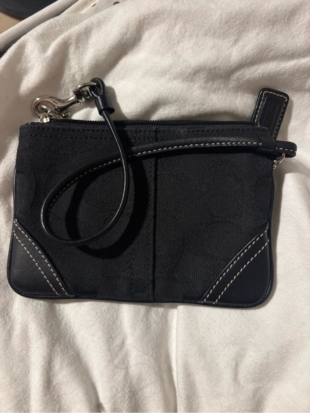 Coach Black Signature Wristlet with Contrast Stitching